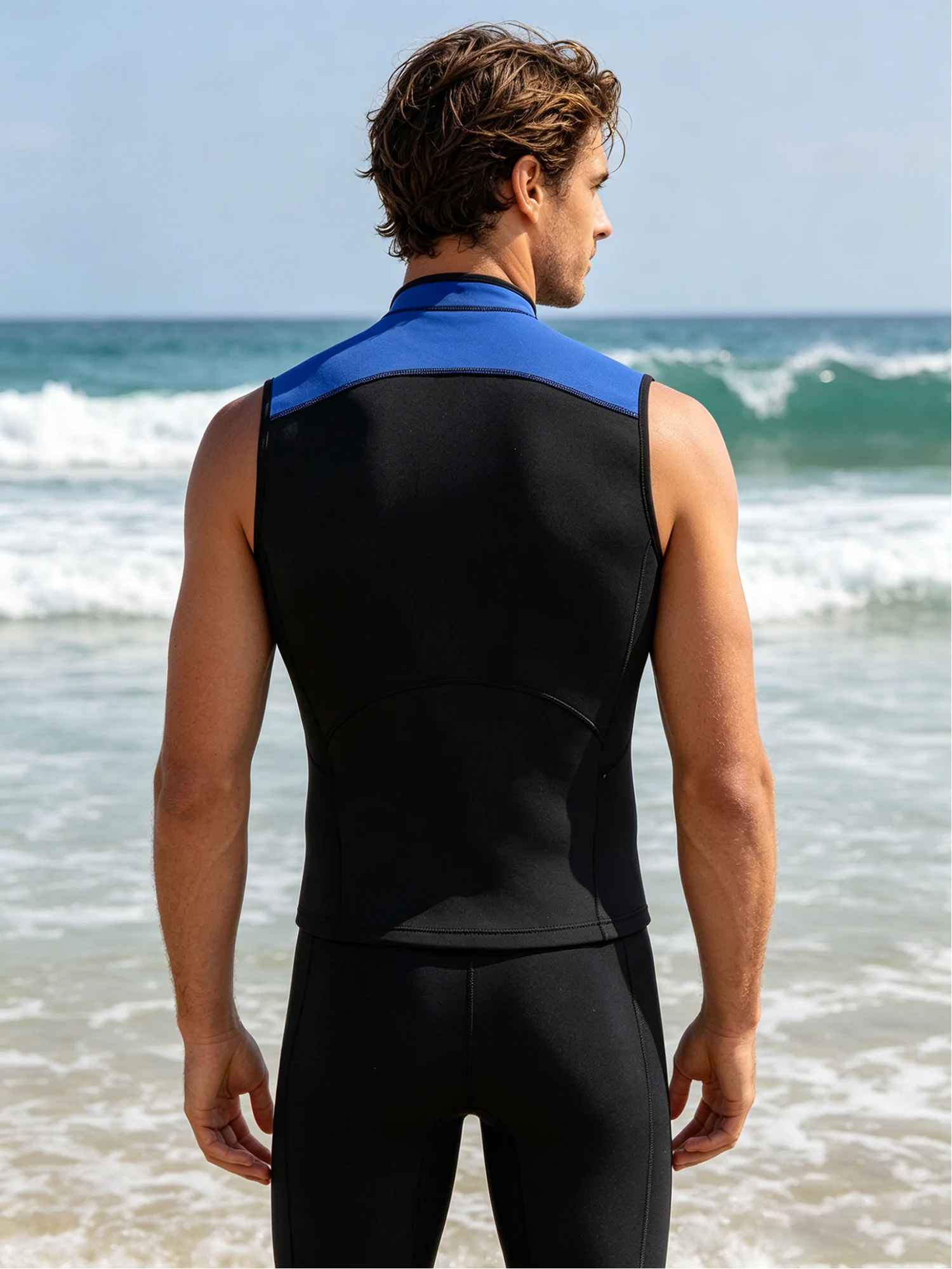 Herren-Neoprenanzugweste aus 3 mm Neopren, ärmellos, mit Reißverschluss vorne, kontrastfarbenes Oberteil zum Tauchen, Surfen, Kajakfahren, Schwimmen – Detail 14