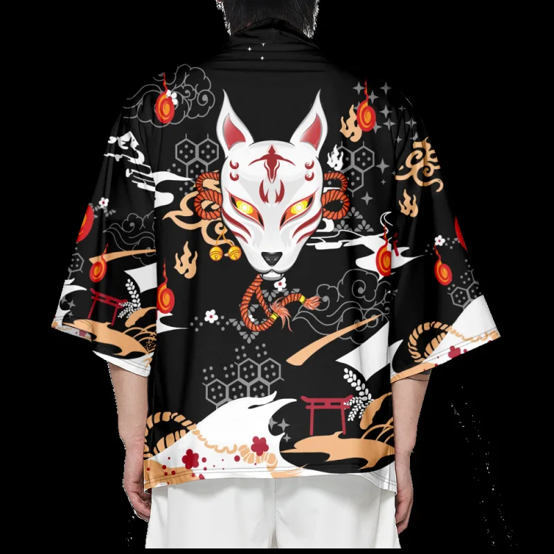 

Man Haori Yukata Black Fox Mask Print Kimono Samurai Harajuku Japanese Streetwear Clothing Jacket Obi Cardigan