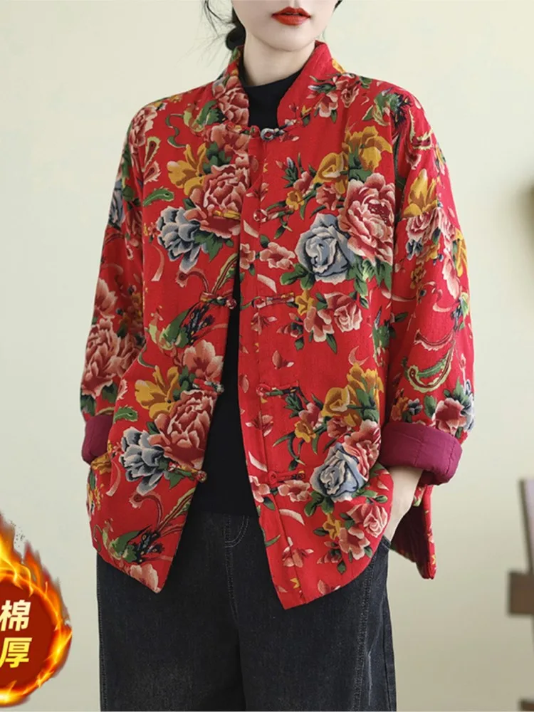 Abrigo de algodón acolchado de gran tamaño para otoño e invierno, chaquetas de mujer a la moda con flores de estilo étnico, abrigos holgados de manga larga para mujer