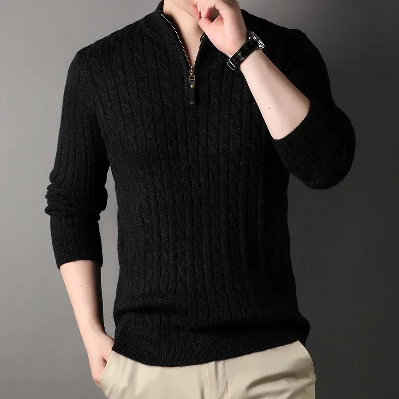 Sweater pria, Sweater lelaki Polo leher O, Turtleneck rajut kasual, Slim Fit, sweter ritsleting