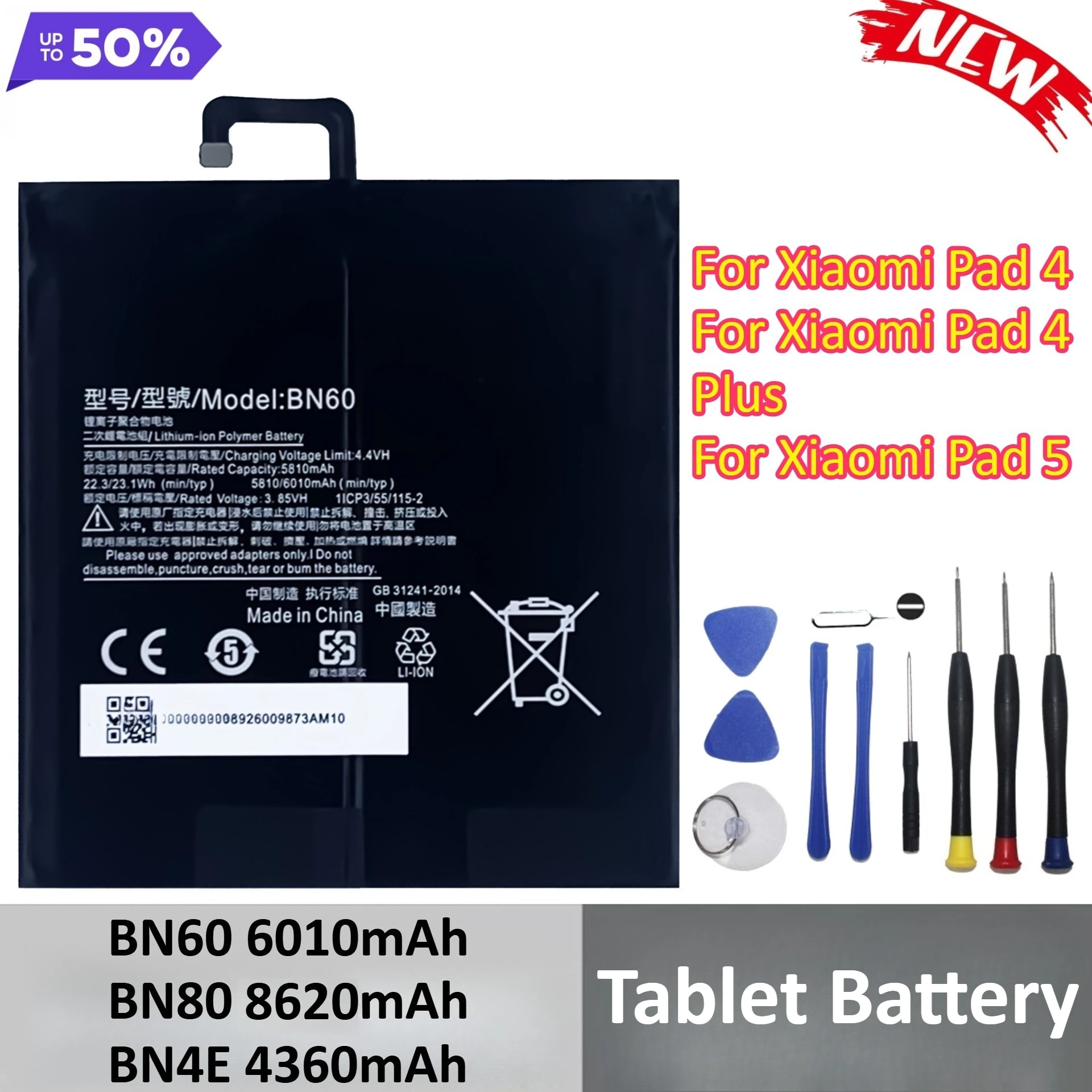 

BN60 BN80 BN4E 6010mAh 8620mAh 4360mAh Tablet Battery For Xiaomi Pad 4 Pad4 Plus Pad 5 +Tools