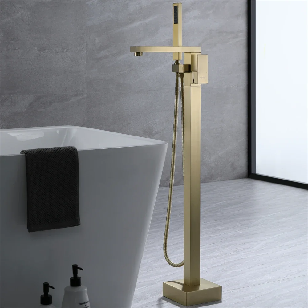 Original brand newUnique Design Hot and Cold Water Bathtub Tap Floor Standing Brushed Gold Finish Brass Bath Tub Faucet