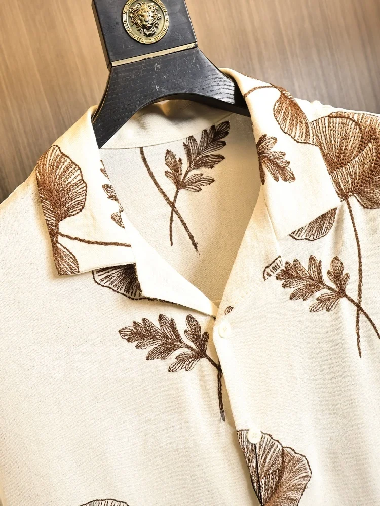Cool Feeling Cuban Collar Short Sleeve Embroidered OS Fit Men's Shirt Fashionable Urban Style Breathable Comfortable Summer S...