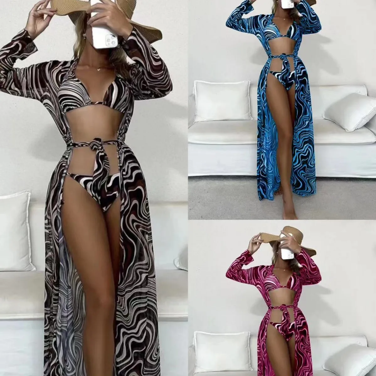 

2025 new European and American striped lace-up long skirt mesh three-piece bikini bikini AliExpress