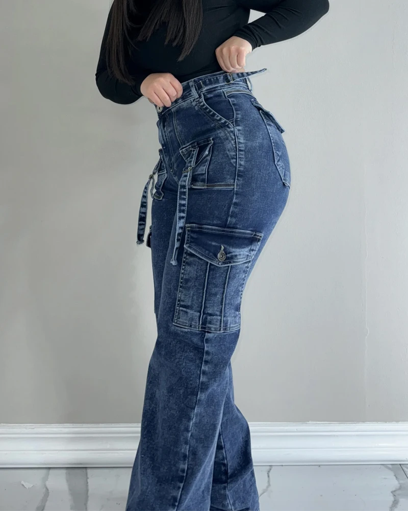 Jean à jambes droites multi-poches pour femmes, pantalon en denim baggy, jambe large, streetwear vintage, Y2K, Harajuku, gothique, décontracté, fjgy