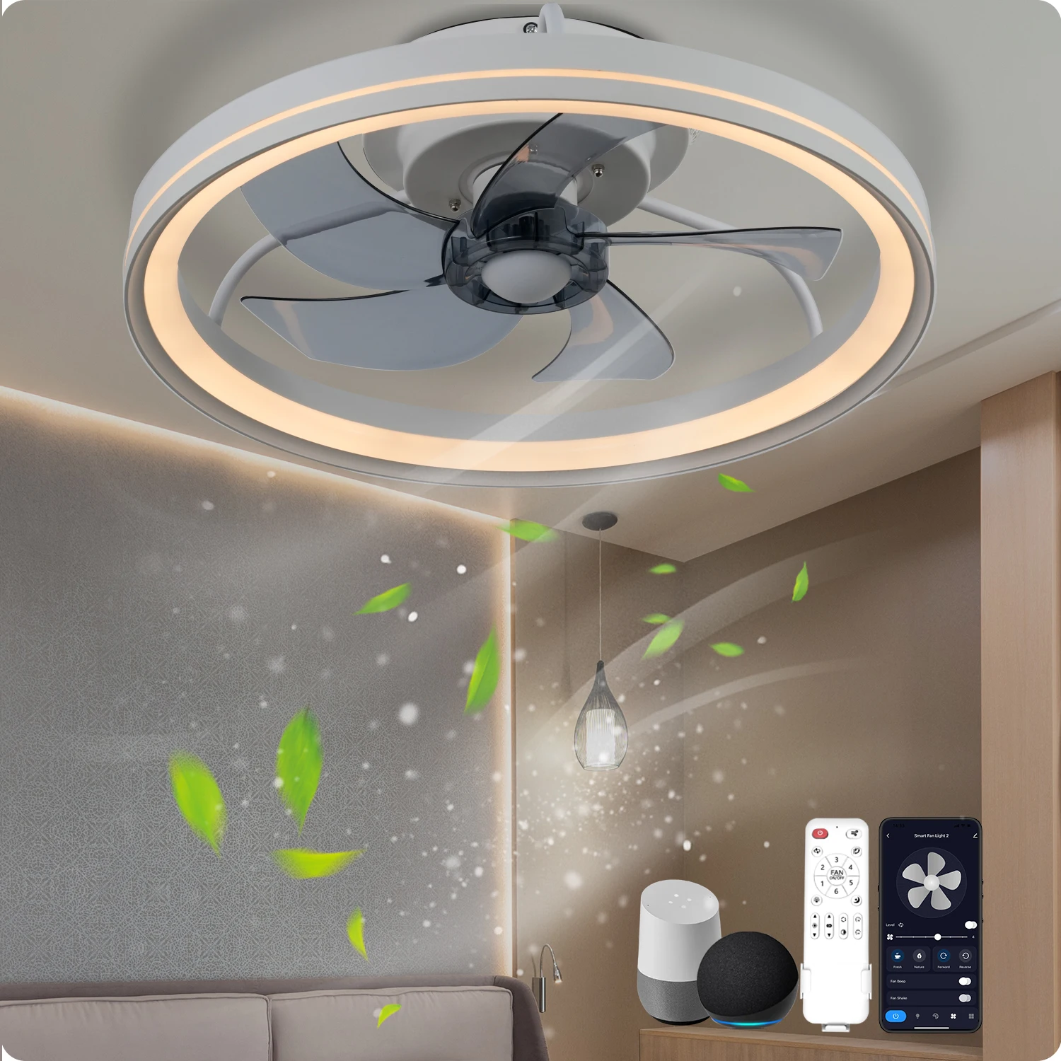 20 Inch Low Profile Ceiling Fans with Lights and Remote,Flush Mount Ceiling Fan with Light, 3000K-6000K Dimmable Fandelier LED Fan Light, 6 Wind Speeds White Ceiling Fans for Bedroom