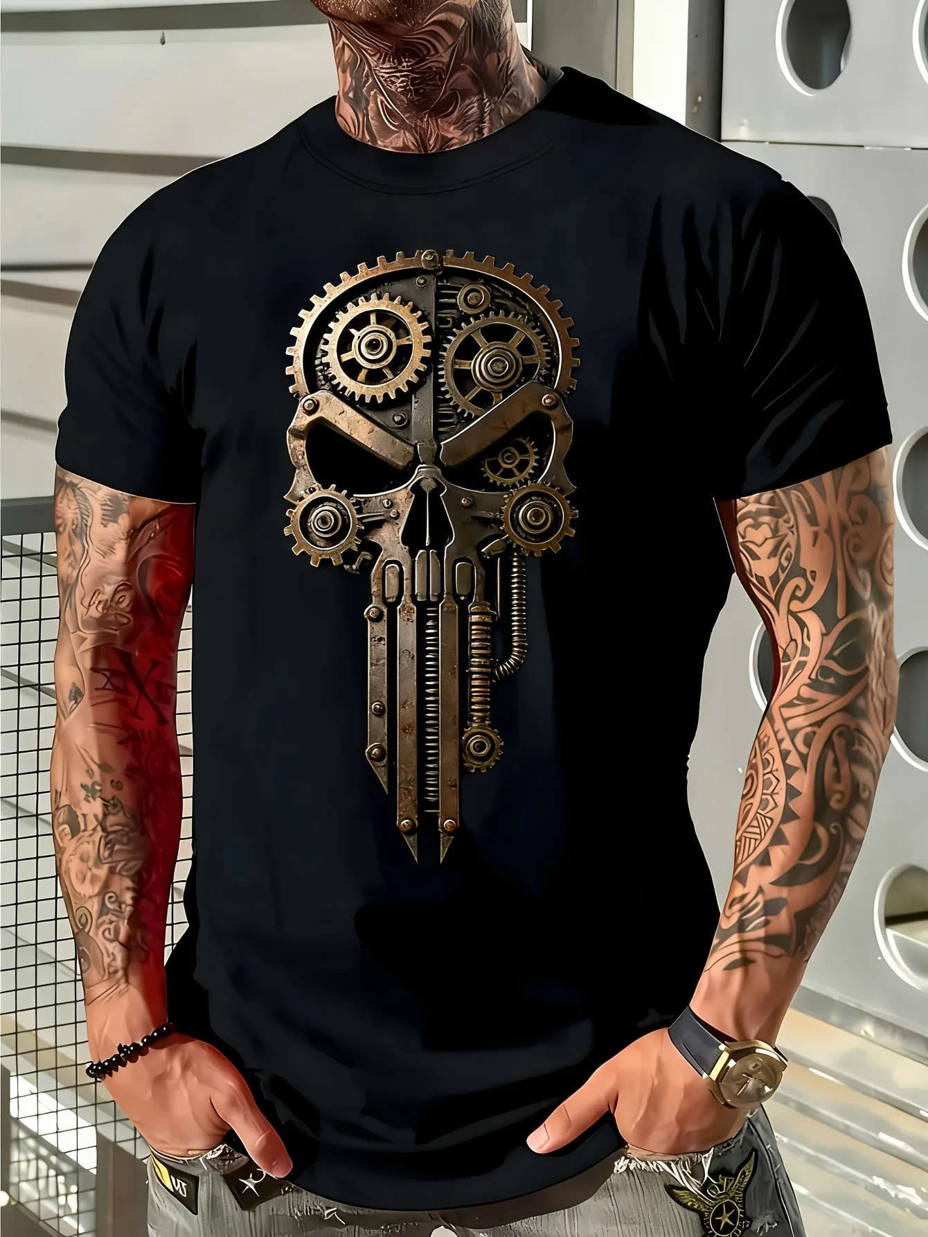 Herren-T-Shirt mit Steampunk-Getriebe- und Totenkopf-Print, mechanisches Vintage Gothic Metal Rundhals-Oberteil