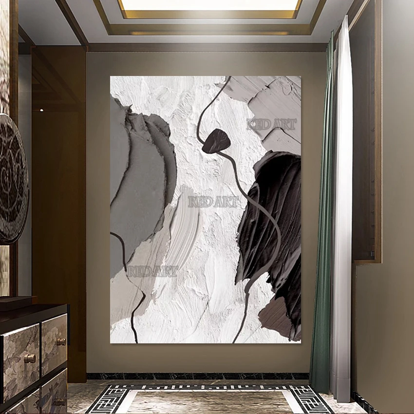 

Abstract Style Painting Unframed Texture Knife Black White Large Wall Panel Set Textured Acrylic Art For Hotel Decoration