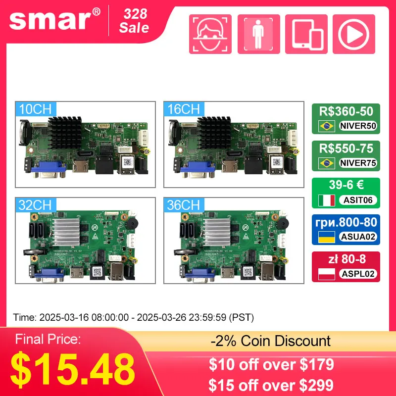 Smar CCTV 9CH 10CH 16CH 32CH 4K NVR Motherboard H.265+Network Video  Recorder For 5MP 8MP IP Camera Support Face Detection ONVIF