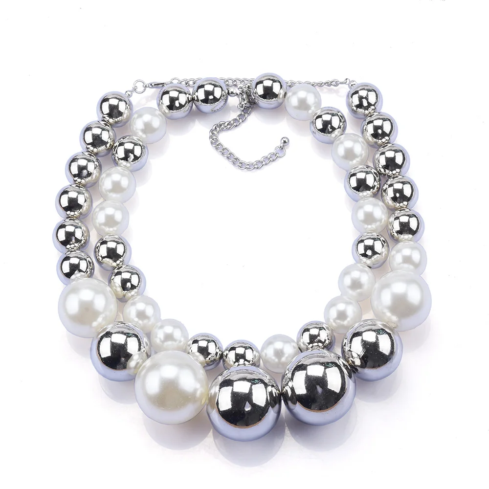 2024 New ZA Fashion Double Layer Imitation Pearls Large Collar Choker Necklace Women Silver Color Acrylic Beads Necklace Jewelry