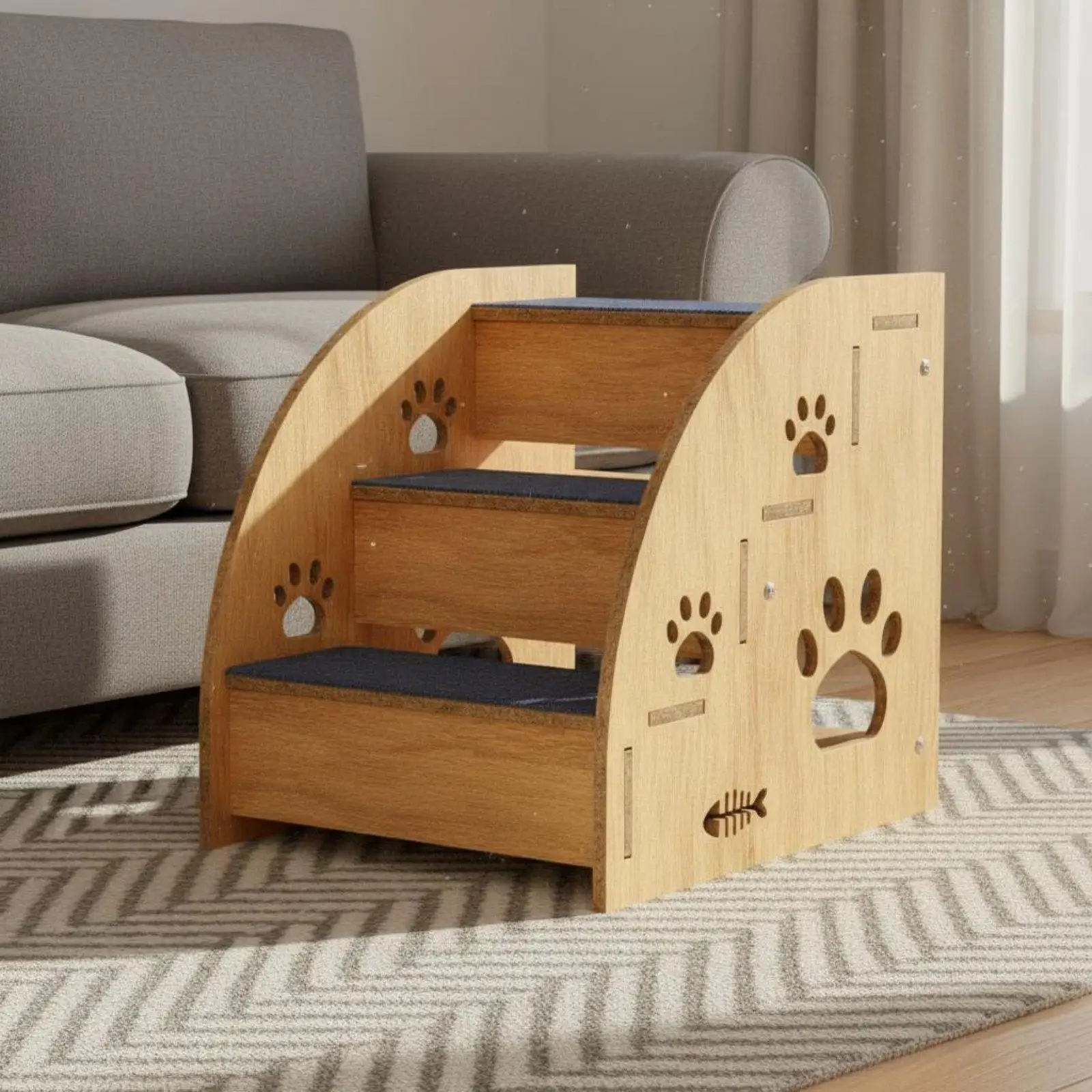 Wooden Dog Ramp Stairs for Couch with Non-slip Paw Print Design for Senior Pets to Climb Safe