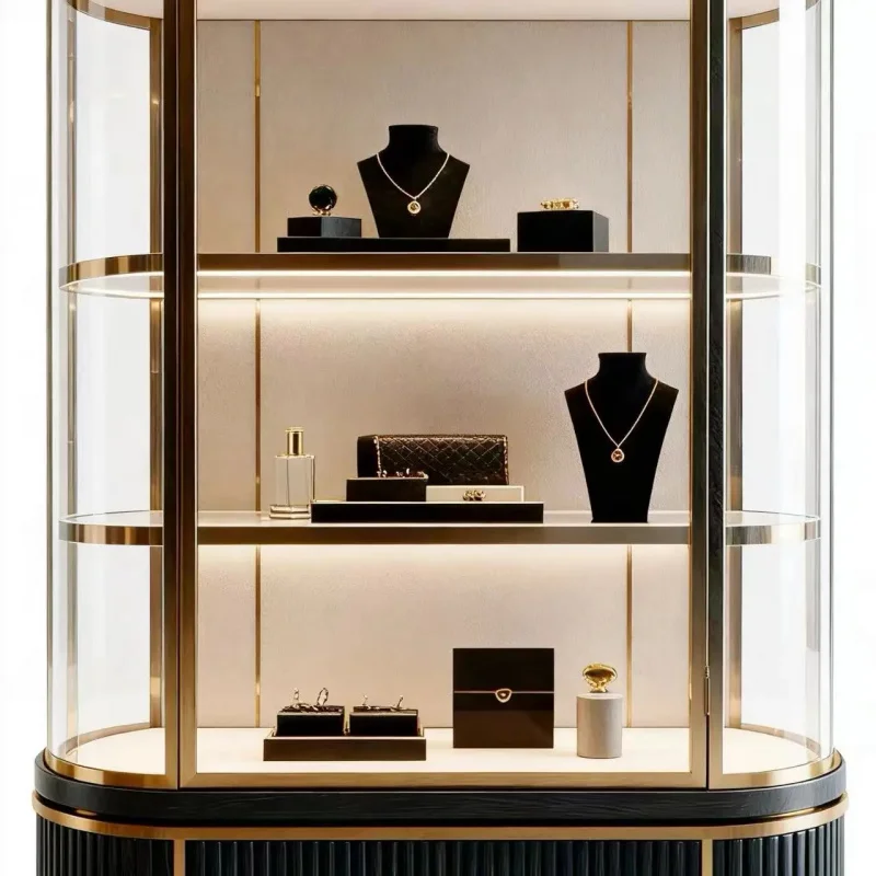 custom.Mall Black & Gold Curved Jewelry Display Cabinet with LED Ultra-Glass Lighting Custom Retail Showcase