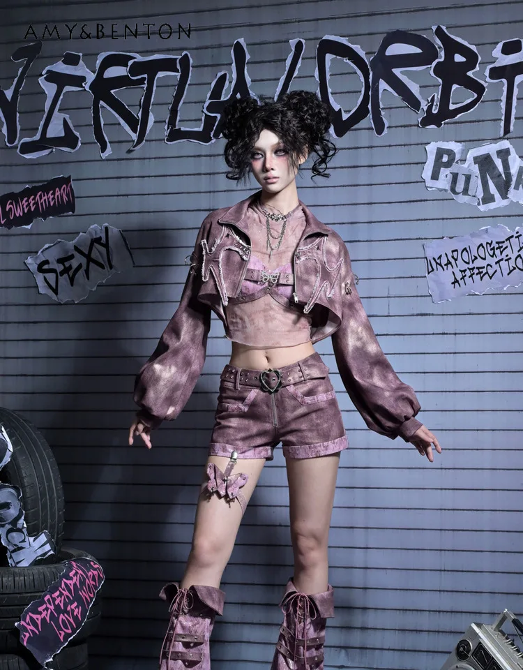 오리지널 Y2K 핫걸 리벳 탈부착 가능한 나비 레그 링 청바지 하라주쿠 스타일 서브컬쳐 레트로 프린트 하이웨이스트 슬림 반바지