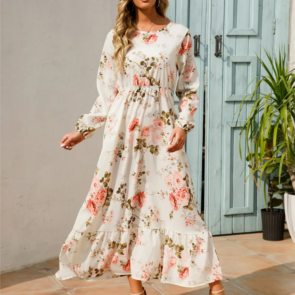 Vestido de manga larga con cuello redondo y estampado Floral para Mujer, Vestido bohemio grande a la moda, ropa OL para Mujer 2024