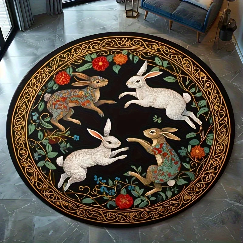 Four Rabbits Round Rug Flannel Celtic Knot Border Floral Animal Print Floor Mat Easter Spring Decor Living Room Nursery Soft