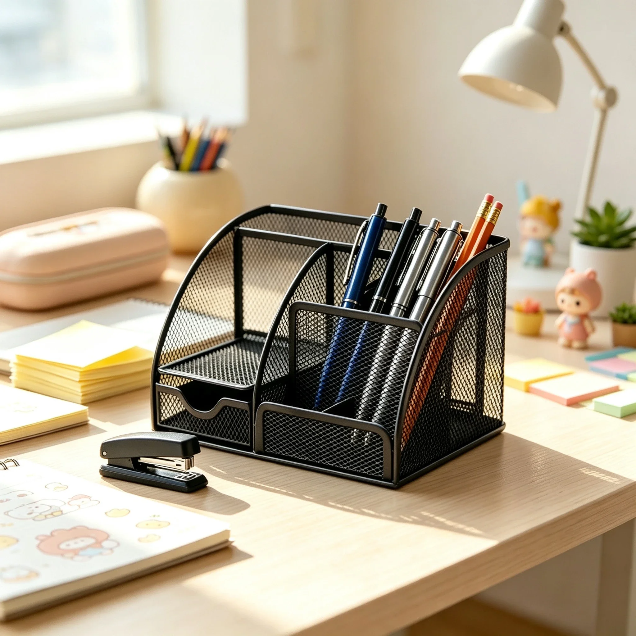 7-Compartment Pen Holder Wrought Iron Desktop Storage Box Metal Cylinder Case Drawer Office Stationery Organizer Storage
