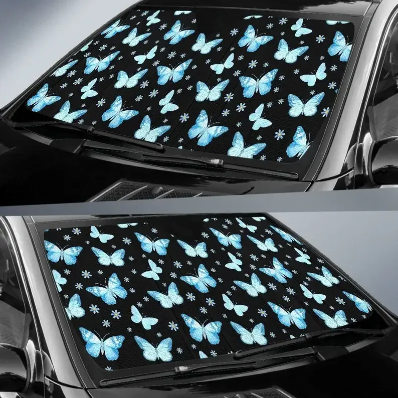 Car Sun Shade, Blue Butterfly, Auto Dash Protector, Watercolor Butterflies, Pastel Blue Black, Serenity Serene, SUV Truck, Genet