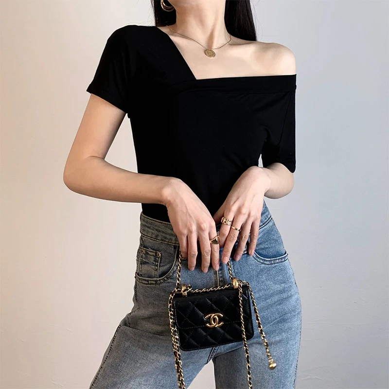 

Женская повседневная футболка Bla-oulder Slim Fit с коротким рукавом, V-образным вырезом и дизайном на плечах, сексуальная, тонкая, модная, из смесового хлопка