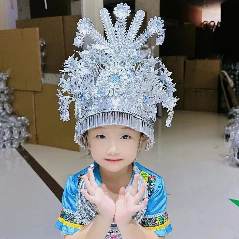 Wholesale Minority Silver Headdress Female Ethnic Style Characteristic Clothing Ornament Miao Children Headwear High-Grade Sense