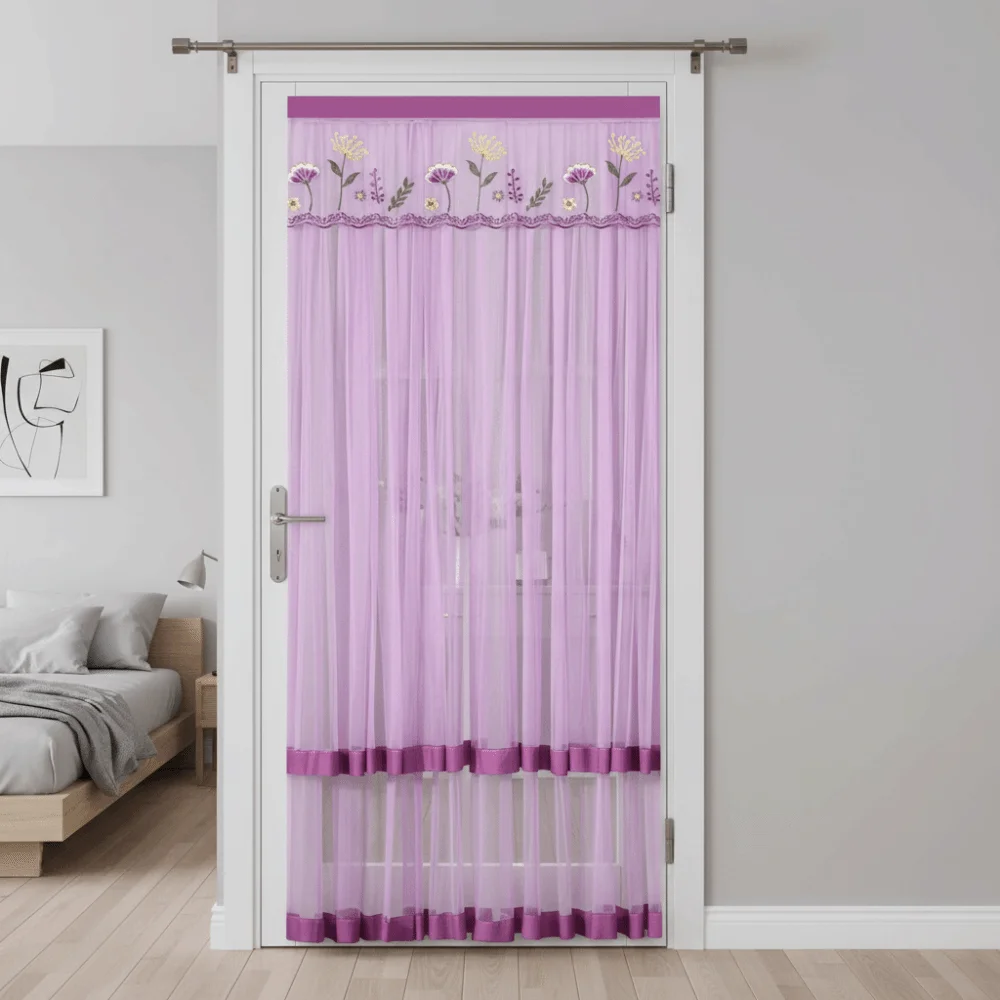 Double Layer Lace Embroidered Door Curtain Breathable Mesh Punching Free Entrance Curtain Self-adhesive Anti-mosquito