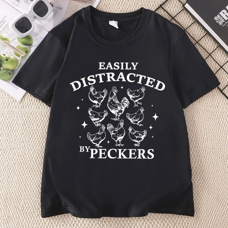 Easily Distracted By Plants and Peckers T-Shirt Chicken Lover Gardening Farm Life T-Shirt Casual Short Sleeve Printed