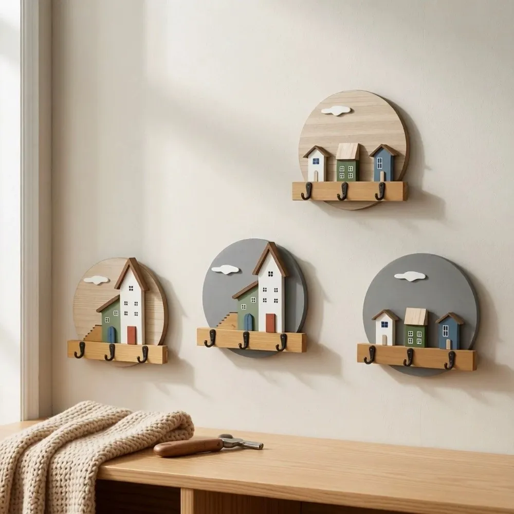 Pastoral Style Round Shape Wooden Wall Hook Nordic Style 3D House Entrance Key Rack Multi Hook No Punching Coat Rack Porch Use