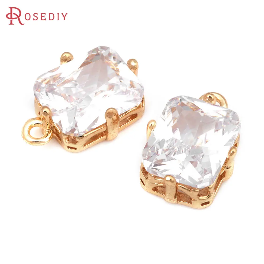 6PCS 18K Gold Color Brass and Zircon Rectangle Charms Pendants Jewelry Making Supplies Necklace Earrings Accessories for Women