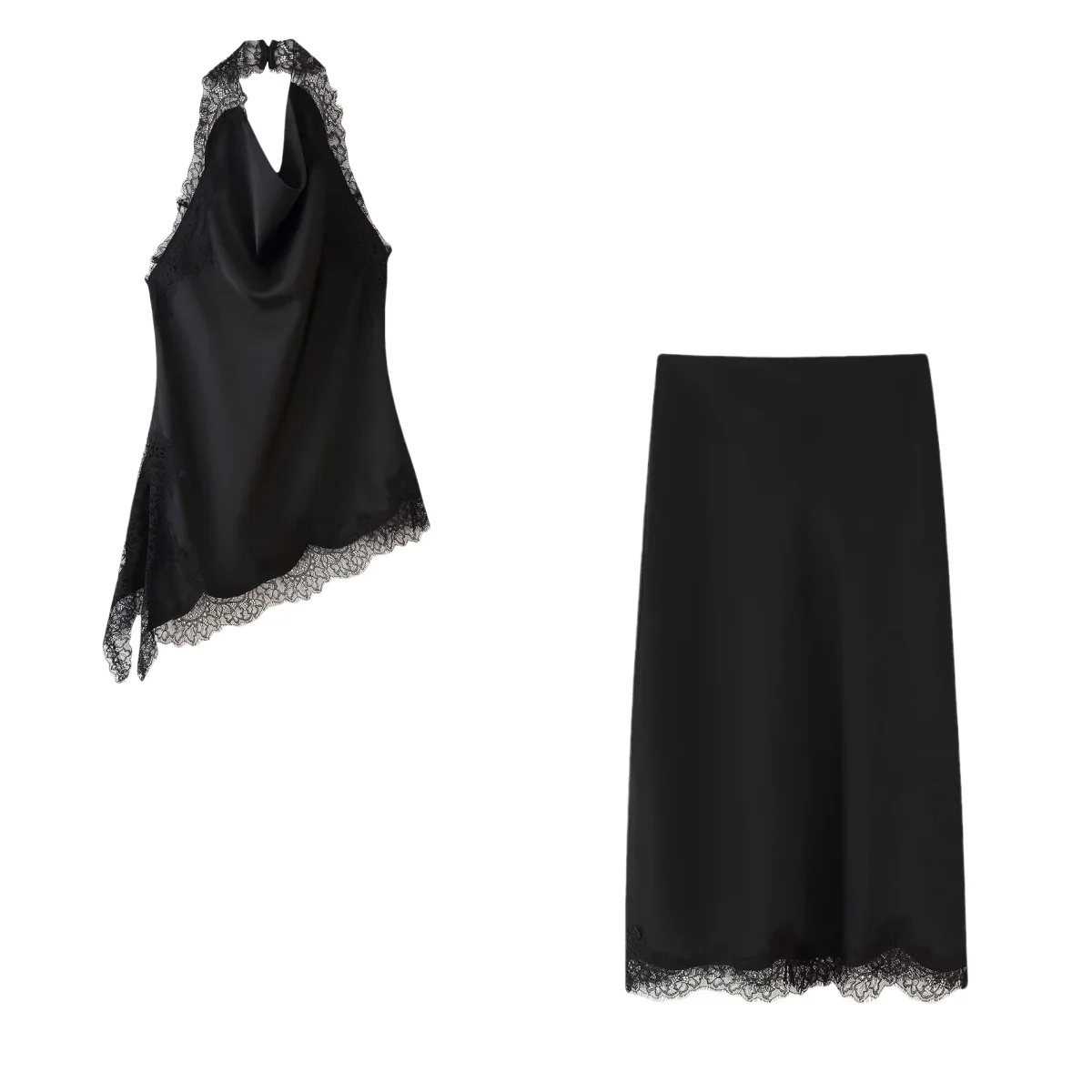 

MYST&ZA women's summer new style asymmetrical hem sleeveless halter neck satin feel lace vest top + satin feel lace midi skirt