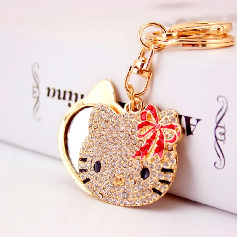 Hello Kitty Kawaii Diamond Inlaid Cartoon Cat Head Makeup Mirror Keychain Women Bag Accessories Pendant Women Gift Wholesale view 2