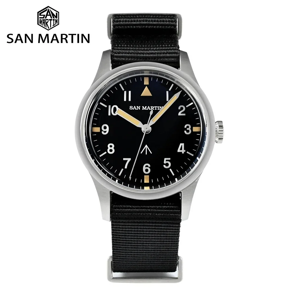 San Martin jam tangan Pilot 36mm pria, arloji gaya sederhana VH31 pergerakan Mechaquartz tali nilon 10 ATM Lum