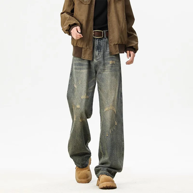 

American Retro Washed Ripped Jeans For Men, Trendy High Street Style, Loose Straight Casual Wide-Leg Pants
