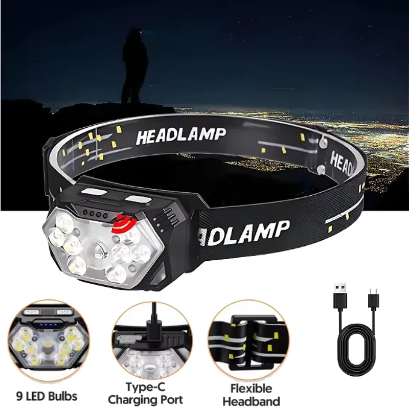 

9-светодиодный налобный фонарь с сильным светом, USB перезаряжаемый датчик движения, портативный фонарь для рыбалки, кемпинга, уличный налобный фонарь, рабочий фонарик