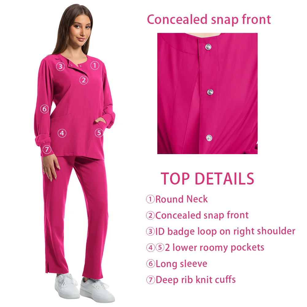 Nurse Uniforms Round Neck Top Scrub Jacket Straight Pants Sets Surgical Workwear Hospital Long Sleeve Snap Front Medical Outfit