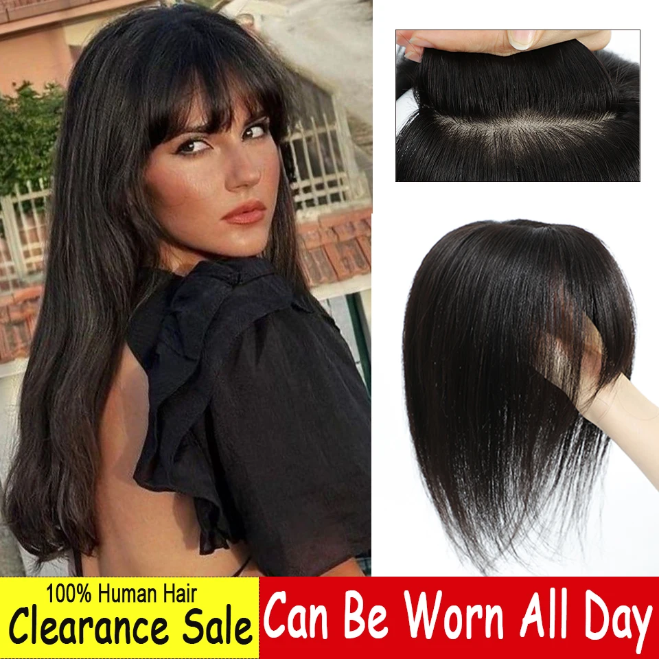 Dazzeal Human Hair Toppers With Bangs For Women 10X12 Straight 3D Cover Hair Topper Real Human Hair Clip In Hairpiece Extensions