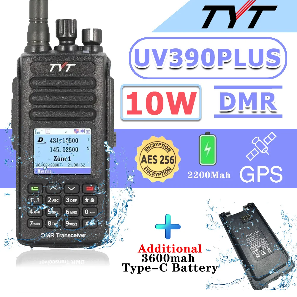 10w walkie talkie tyt MD-UV390 plus aes256 radio gps ip67 batterie option ele wasserdicht vhf/uhf dual band digitale walkie talkie