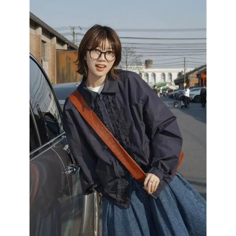 Women’s Vintage Navy Ruffle Frill Trim Jacket Chic Loose Lapel Zip-Up Sun Protection Coat Lightweight Summer Outerwear