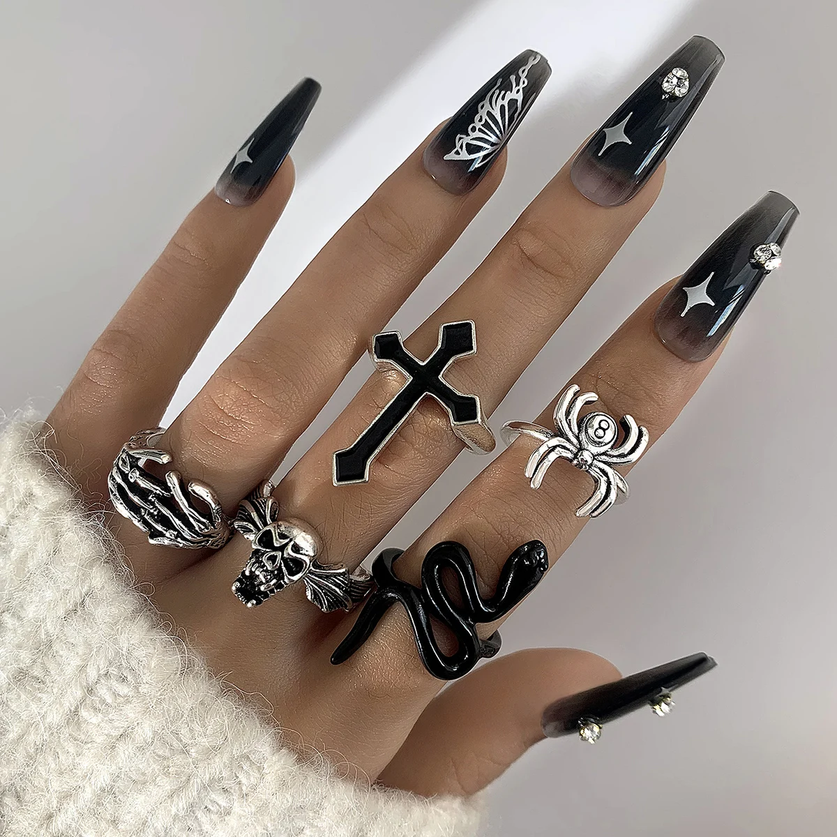 Tocona Gothic Silver Color Snake Cross Joint Rings for Unisex Trendy Spider Skeleton Rings Set Jewelry Party 5pcs/set 26009