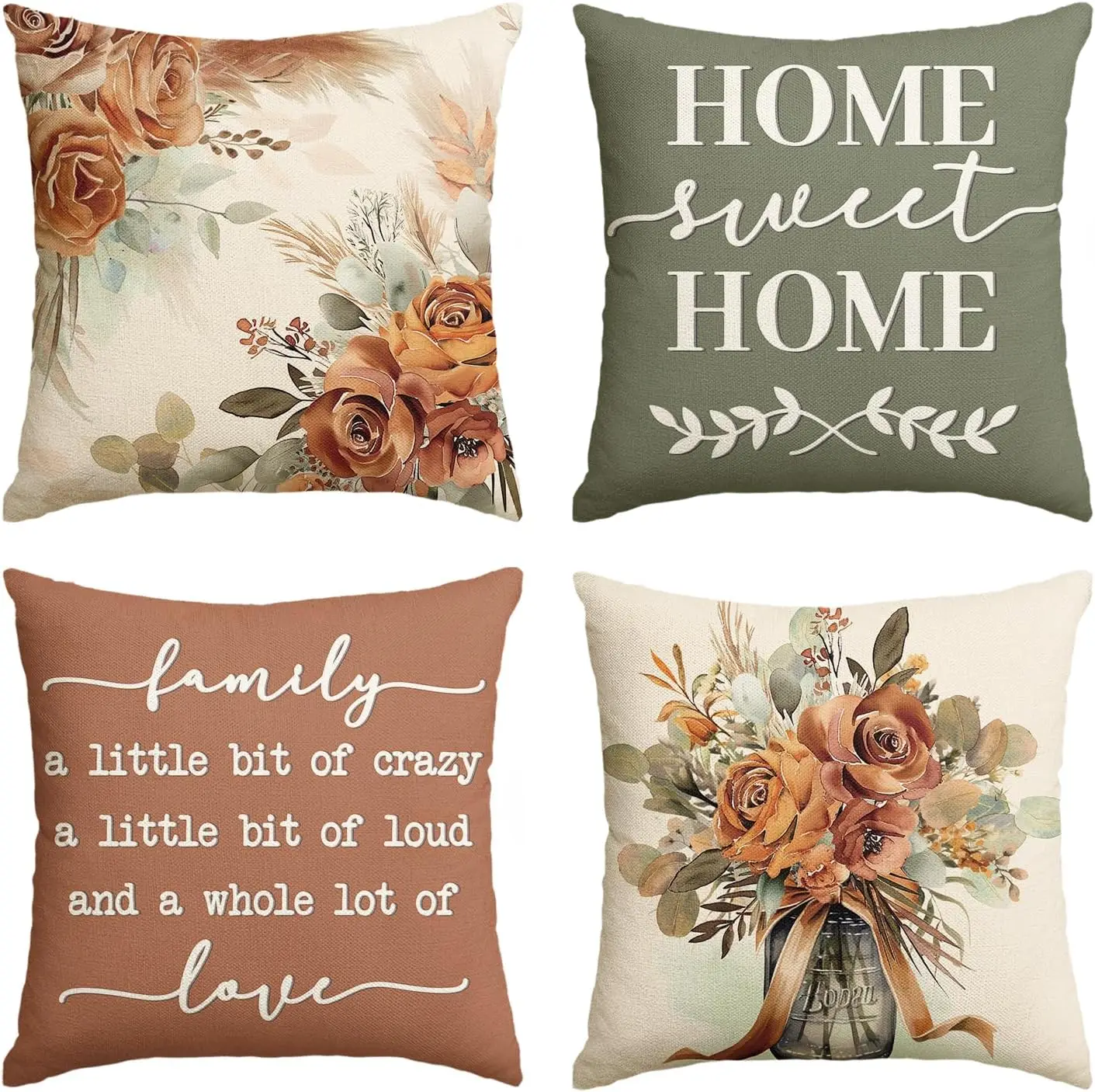 Home Sweet Home Terracotta Sage Throw Pillow Covers, Eucalyptus Floral Motto Cushion Case for Sofa Couch Set of 4