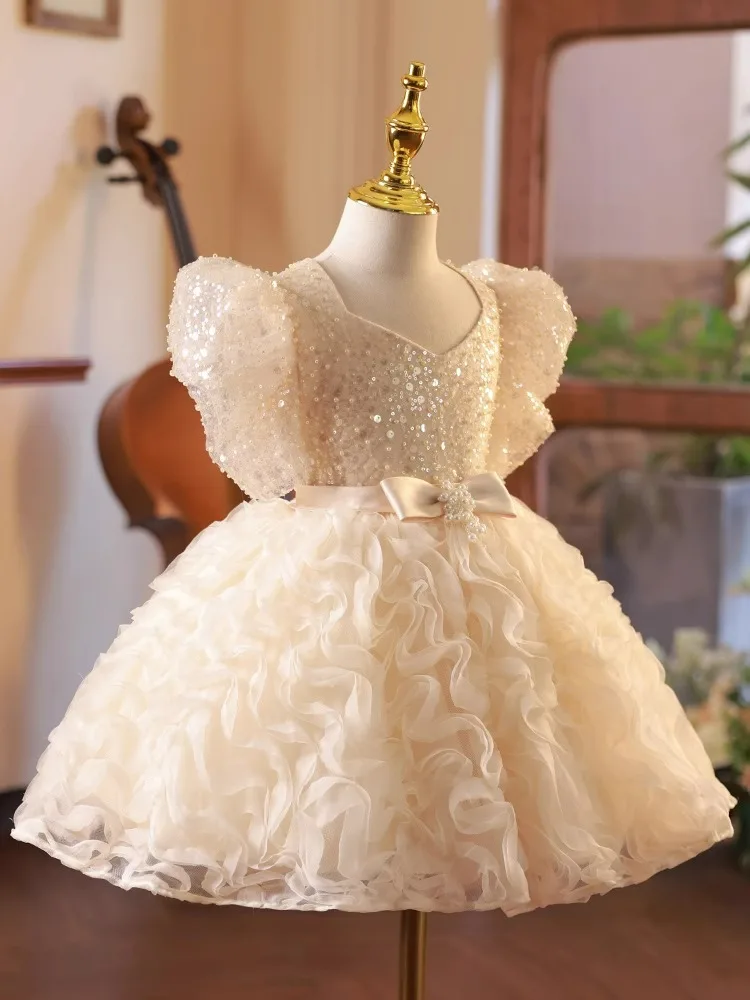 Tailored Baby Girl Princess Floral Dress Pearls Infant Toddler Child Tulle Vestido Party Wedding Pageant Baby Clothes 1-12Y