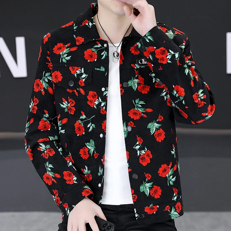 Floral pattern jacket spring Men's Flip collar Fashion Single breasted short jackets Men Windbreaker Casual coats M-4XL