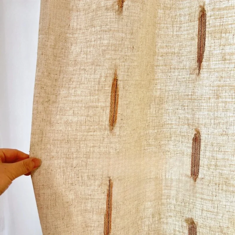 Cotton and Linen Log Vertical Grain Embroidery Thickened Window Screen Curtains for Living Room Bedroom French Window Balcony
