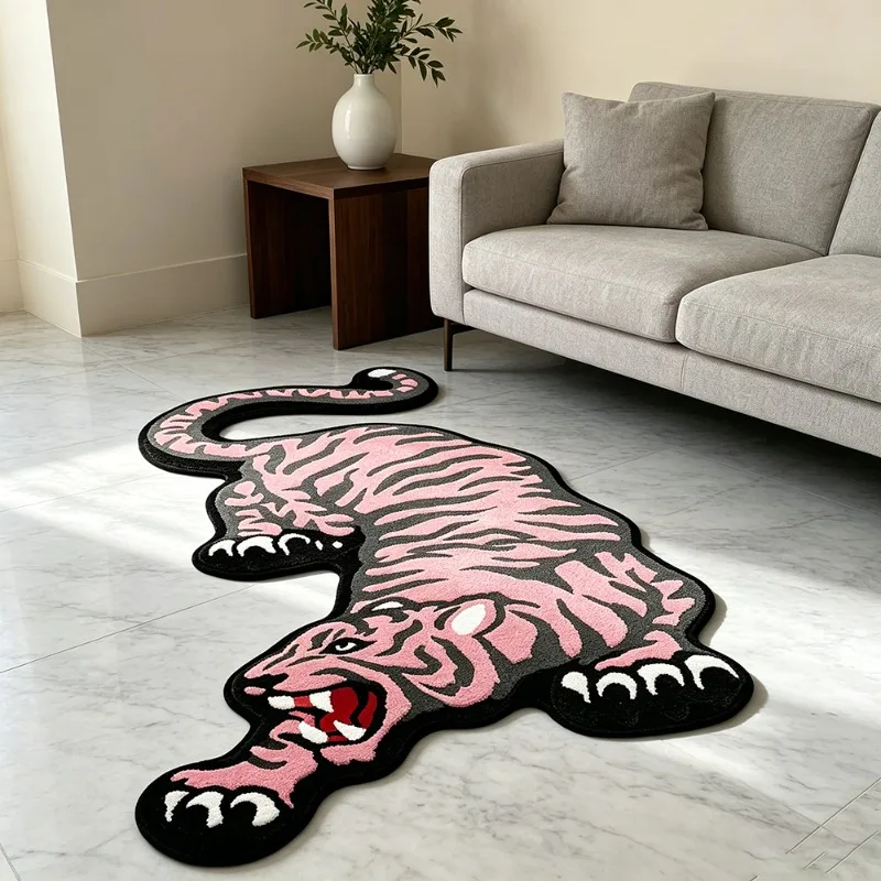 Irregular Vintage Pink Tiger Rug Unique Creative Bedroom Beside Floor Mat Home Decoration Soft Nonslip Carpet for Living Room