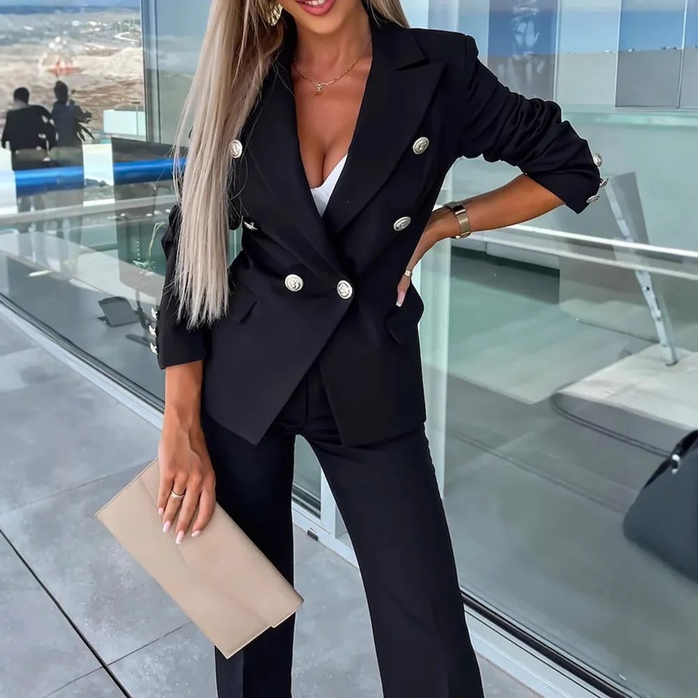 2-teiliges Outfit, Metallring-Dekor, gekerbter Kragen, geraffte Taille, Wickel-Frontmantel, Reißverschluss, elastische Rückseite, Taille, Blazer, Hosen-Set