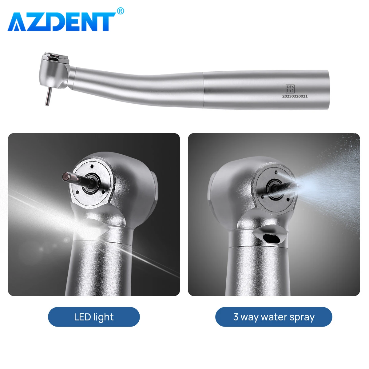 AZDENT Dental High Speed Handpiece LED Fiber Optic 3 Way Water Spray Push Button Standard Head Ceramic Bearing