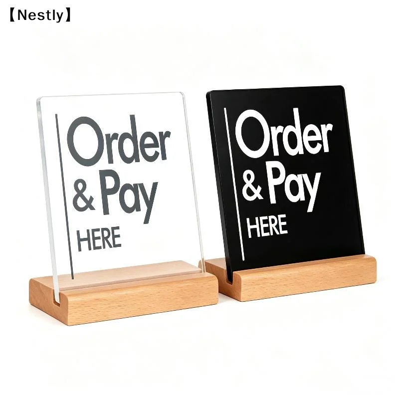 Acrylic Order And Pay Here Sign Stand Order Here Sign Holder- Wood Durable Counter Signs For Café, Bakery, Restaurant〔Nest〕