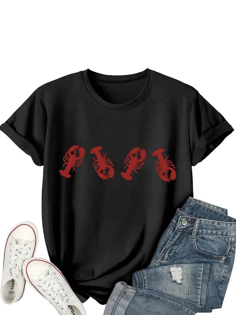 Feminine ClothesTops Women Clothes Nautical Inspired White T Shirt with Lobster Motif Ideal for Beach Parties and Summer Outings