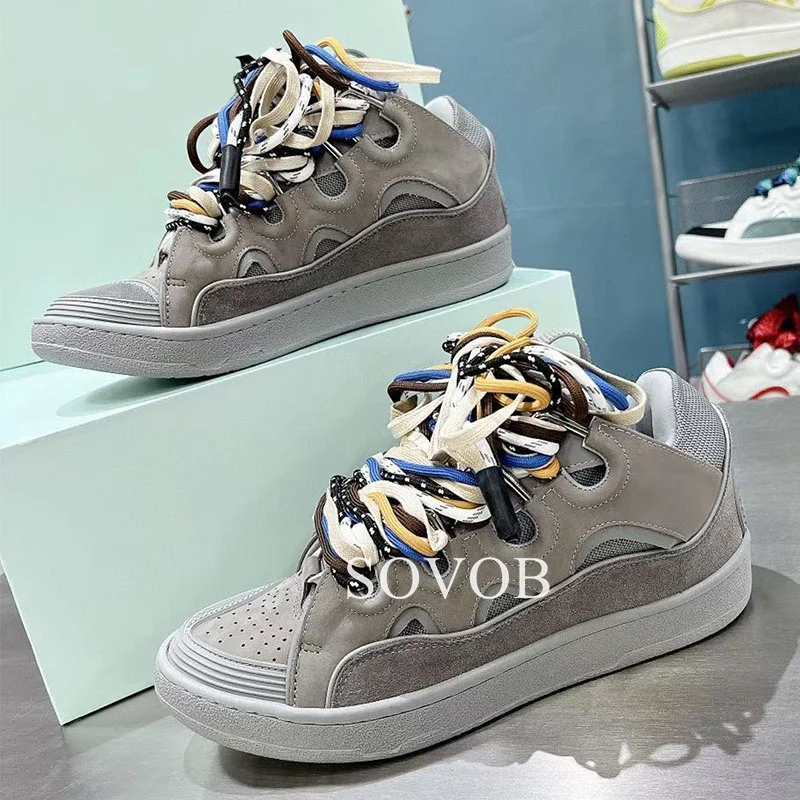 New Thick Sole Genuine LeatherSolid Color Casual Shoes Lace up Breathable Flat Shoes Spring Versatile Commuter Shoes Unisex 2024