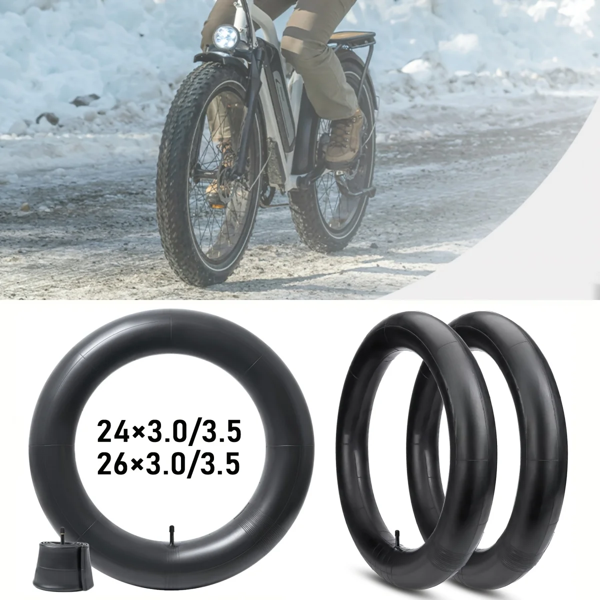 

24x3.0/3.5 or 26x3.0/3.5 fat bicycle inner tube with an American valve, a replacement inner tube for snow bikes, beach bikes