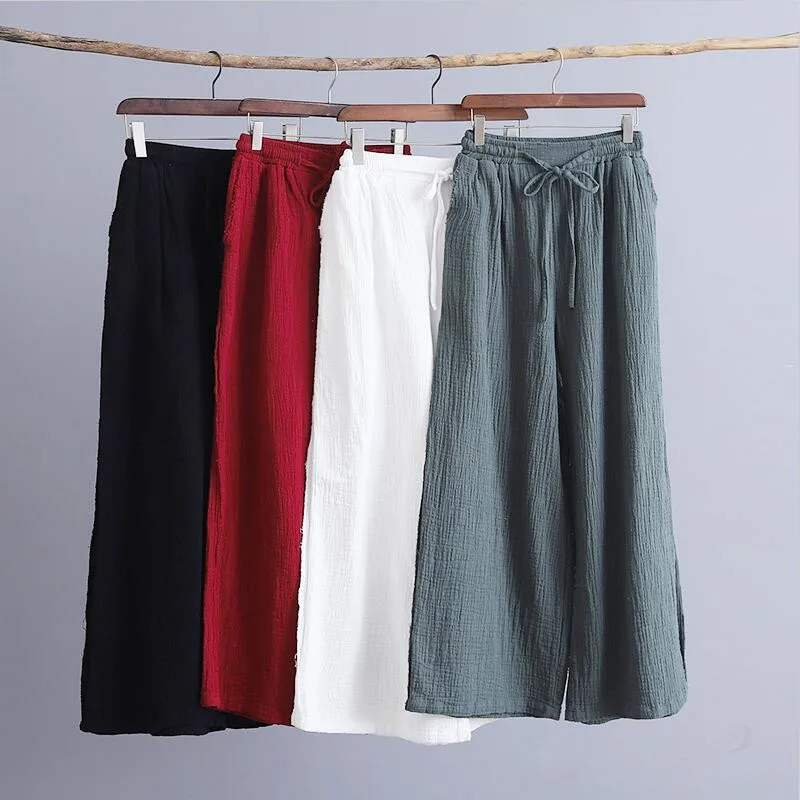 

Hot sale Women wild leg Pants Casual Loose Cotton Linen Long Trousers Drawstring Pants With Pocket 、plus size vintage pants