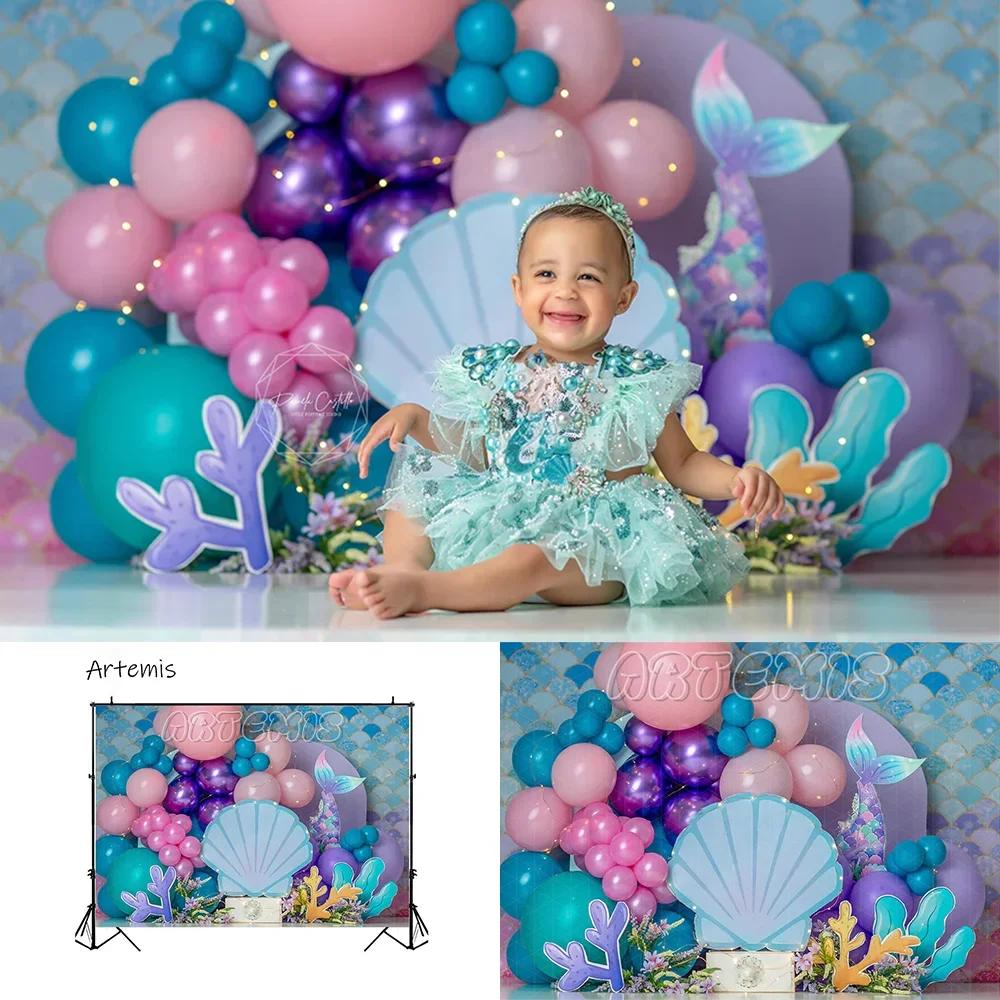 

Mermaid Theme Cake Smash Background Photography Props Purple Under the Sea Princess Kids Portrait Backdrop Birthday Party Banner